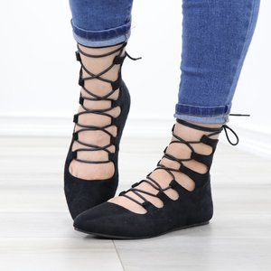 Pointed Toe Faux Suede Strappy Slip-On Flats